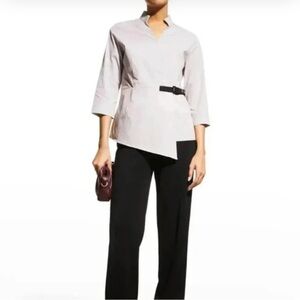 MISOOK | Pinstripe Asymmetric Belted Wrap Blouse | 100% cotton | NWT | Size M